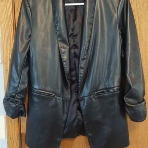 Tart Collections Kia Vegan Faux Leather Blazer Black S Ruched Sleeves Open Front